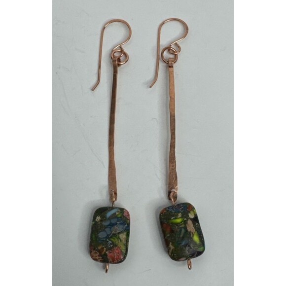 Artisan Crafted Hammered Copper And Sea Sediment Jasper Dangle Earrings Boho - Picture 3 of 6